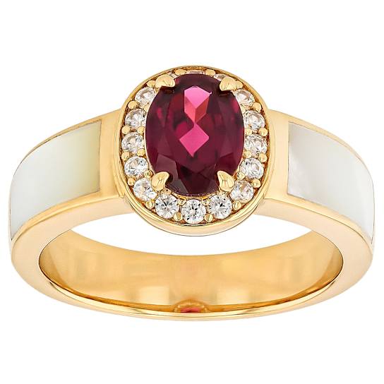 Purple Garnet, White Zircon And White Mother-Of-Pearl Band Ring In 18K
Gold Over Sterling Silver 1.49ctw