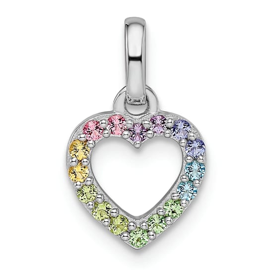 Rhodium Over Sterling Silver Rainbow Nano Crystal Open Heart Pendant