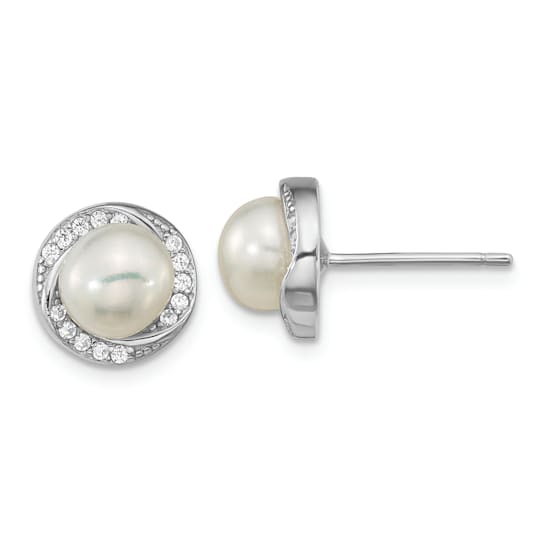 Rhodium Over Sterling Silver CZ 6-7mm White Button Freshwater Cultured
Pearl Post Earrings