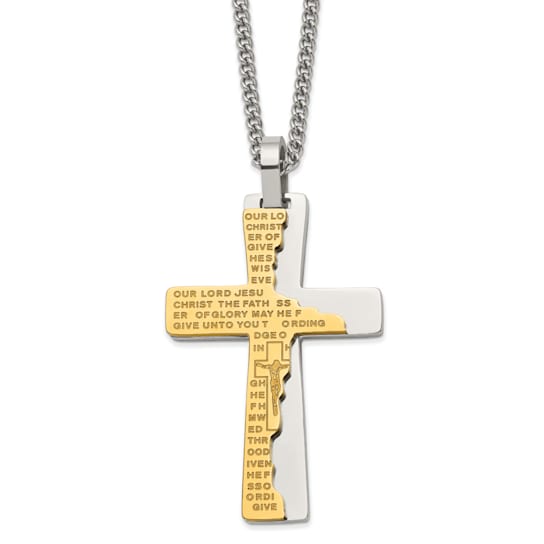 Stainless Steel Polished Yellow IP-plated Etched Broken Prayer Cross
24-inch Necklace