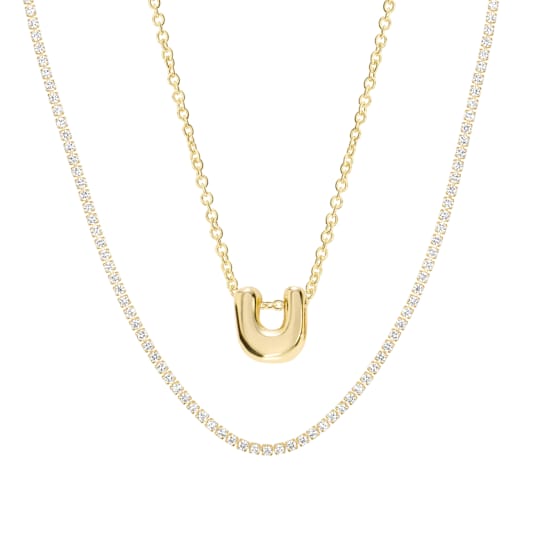 CZ Initial U Tennis Necklace And Pendant Set In 14K Gold Over Brass 4.05ctw