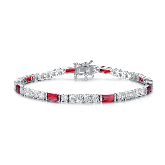 Ruby Color CZ And White CZ Tennis Bracelet In Sterling Silver