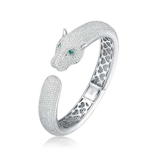 Emerald Color CZ Panther Hinged Cuff Bracelet In Sterling Silver