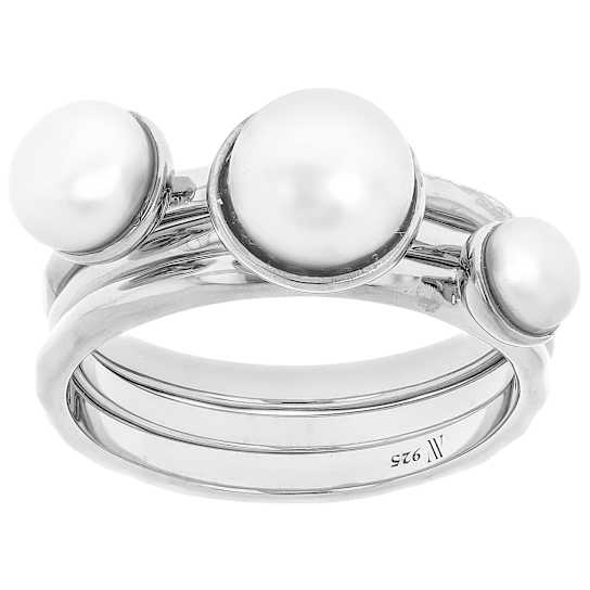Cultured Freshwater Pearl Set of 3 Rings in Rhodium Over Sterling Silver