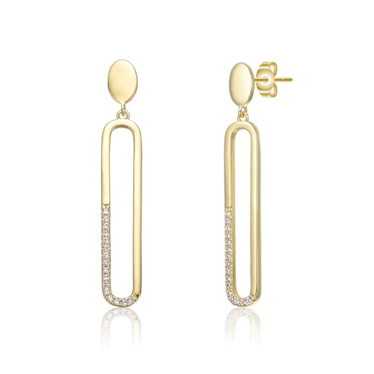 Pave CZ Oval Drop Earrings In 14K Gold Over Sterling Silver