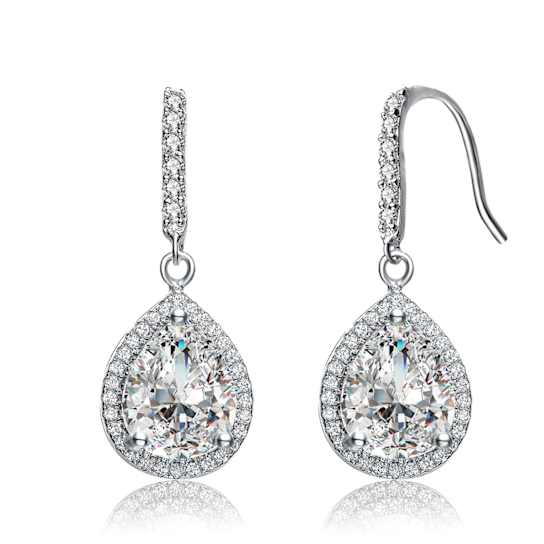 Pear Shape CZ Halo Drop Earrings In White Rhodium Over Brass
