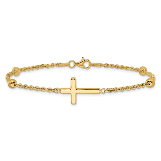 14k Yellow Gold Diamond-Cut Beaded Cross Bracelet