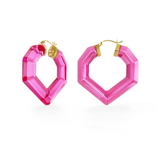 Magenta Acrylic Heart Gem Bamboo Hoop Earrings In 14K Gold Over Sterling Silver