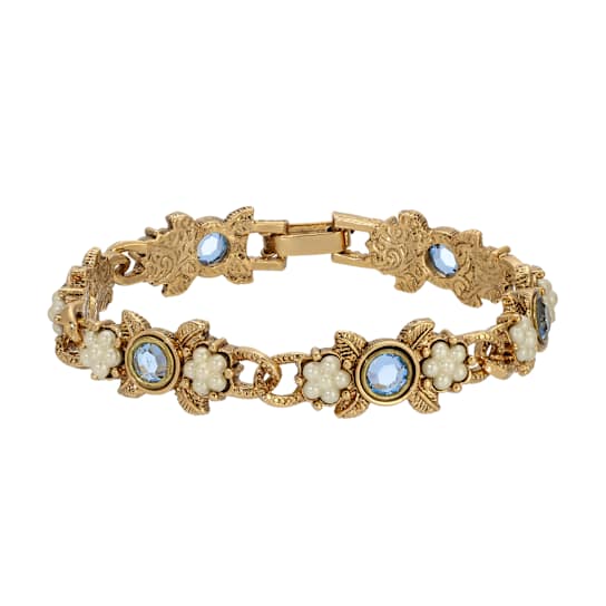 Gold Tone Round Crystal Faux Pearl Rose Bracelet