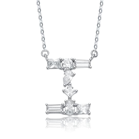 Initial I Mixed Cut CZ Pendant Necklace In Sterling Silver 18 Inch