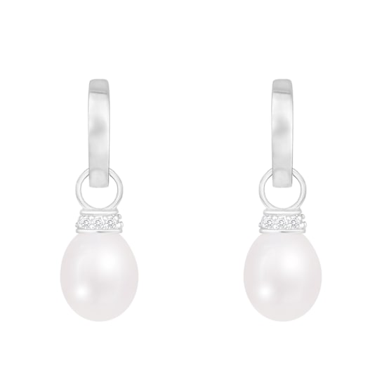 8-8.5mm White Cultured Freshwater Pearl Rhodium Over Sterling Silver Earrings