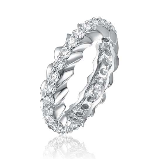 Modern CZ Band Ring In White Rhodium Over Brass