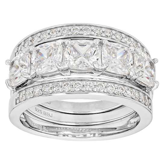 CZ Princess Cut and Eternity Band Ring Set in Rhodium Over Sterling Silver