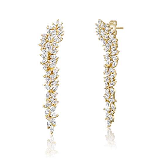 CZ Waterfall Cluster Linear Drop Earrings In 14K Gold Over Brass