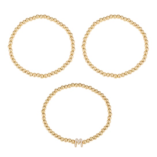 Initial M CZ Beaded Bracelet Set In 14K Gold Over Brass 0.17ctw