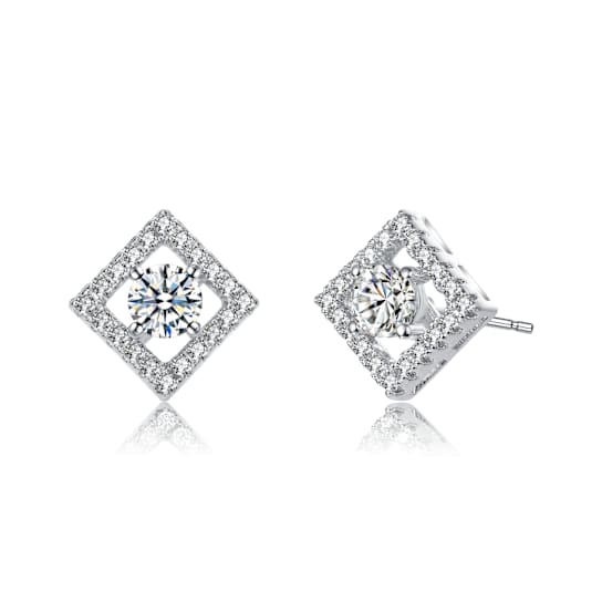CZ Halo Stud Earrings In White Rhodium Over Brass