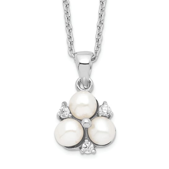 Rhodium Over Sterling Silver 5-6mm White FW Cultured 3-Pearl Cubic
Zirconia Necklace