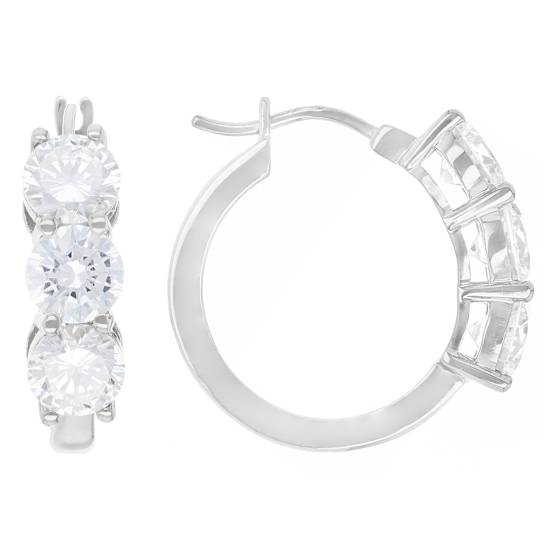 3-Stone CZ Hoop Earrings In Sterling Silver
