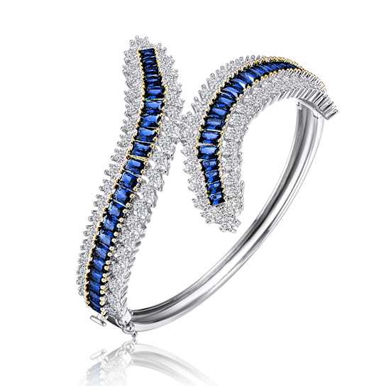 Sapphire Color CZ Bypass Bangle Bracelet In Sterling Silver
