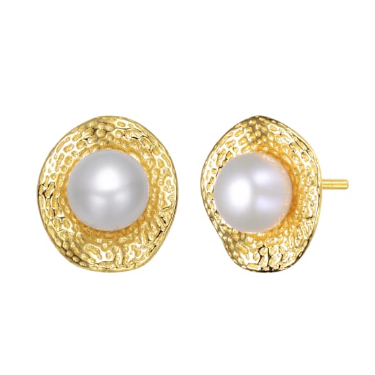 Pearl Hammered Stud Earrings In 14K Gold Over Sterling Silver