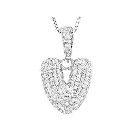 CZ Initial V Bubble Letter Pendant Necklace In Sterling Silver 1.74ctw