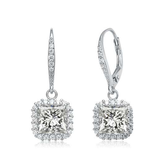 Square CZ Halo Drop Earrings In Sterling Silver