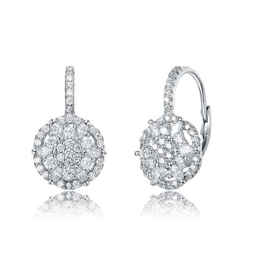 CZ Flower Cluster Halo Drop Earrings In White Rhodium Over Brass