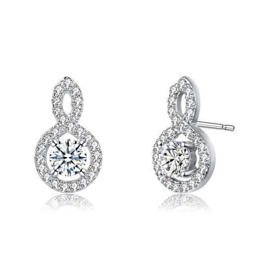 CZ Halo Drop Earrings In Rhodium Over Brass