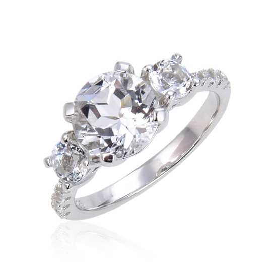 Round White Topaz Sterling Silver 3-Stone Engagement Style Ring, 3.48ctw