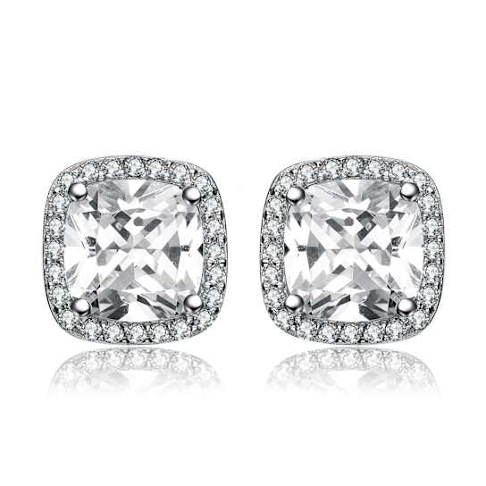 Princess-Cut CZ Halo Stud Earrings In Sterling Silver