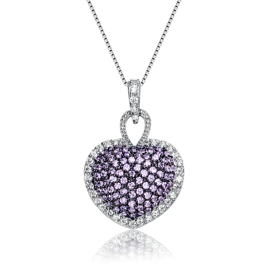 Pink CZ Pave Heart Pendant Necklace In Sterling Silver