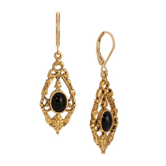 Black Teardrop Dangle Earrings In Gold-Tone