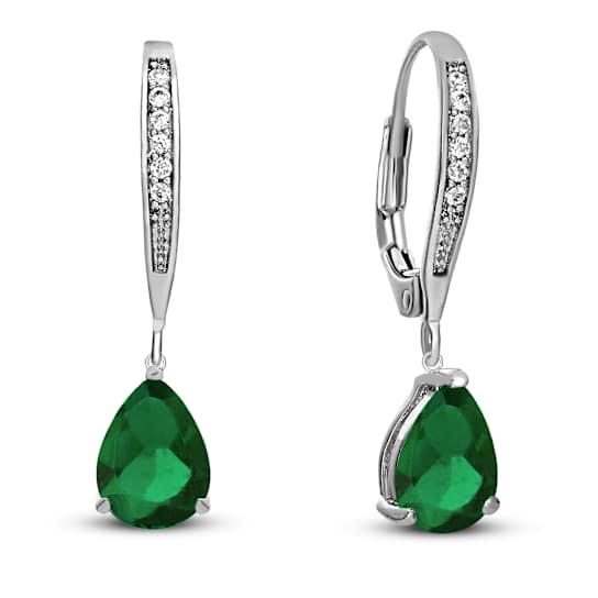 Emerald Color CZ Teardrop Drop Earrings In Sterling Silver