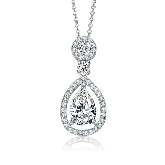 Pear Shape CZ Halo Drop Necklace In Sterling Silver