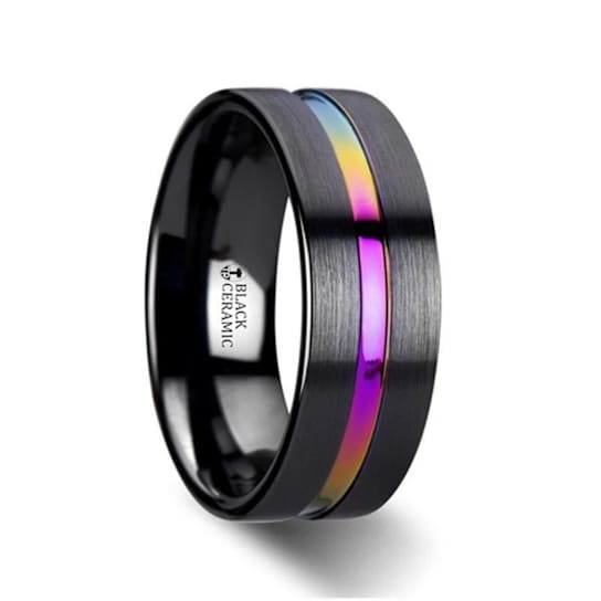 AZURE Flat Black Ceramic Ring Brushed with Rainbow Groove 8mm
