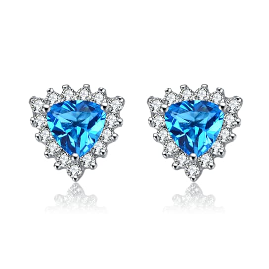 Blue Topaz Color CZ Triangle Stud Earrings In Sterling Silver