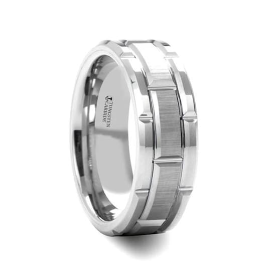 WARWICK Beveled Tungsten Carbide Wedding Band with Brush Finished Center
and Alternating Grooves 8mm