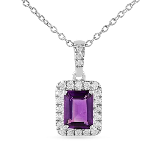 Amethyst with Moissanite Accents Rhodium Over Sterling Silver Halo
Pendant with Chain