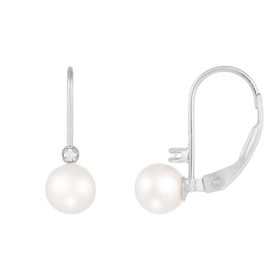14k White Gold Leverback Earring with 5mm Freshwater Pearl and .02CT DTW