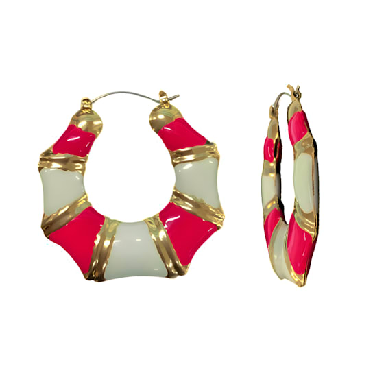 Oversized Pink And White Enamel Hoop Earrings In Gold-Tone