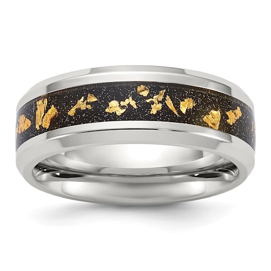 Stainless Steel Polished with Black and Gold Foil Inlay 8mm Band
