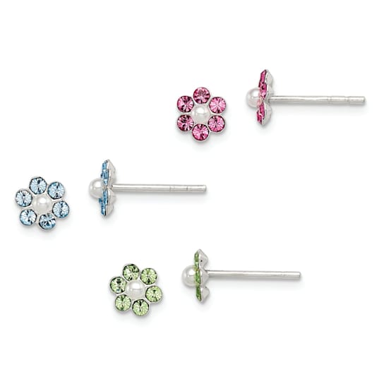 Sterling Silver Crystal and Imitation Pearl Flower Post Earring Set