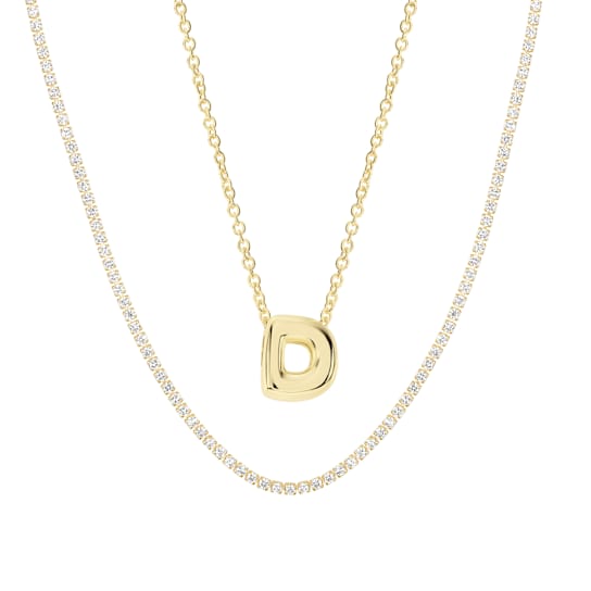CZ Initial D Tennis Necklace And Pendant Set In 14K Gold Over Brass 4.05ctw