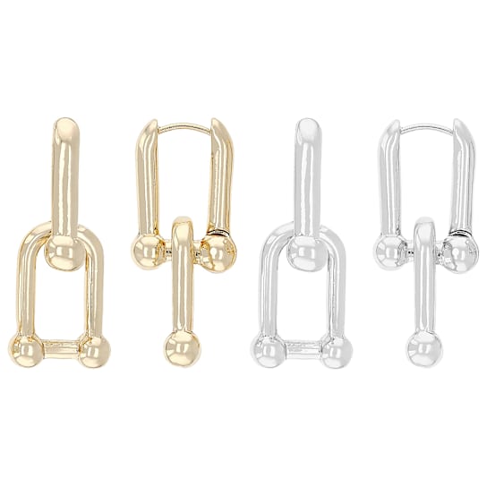 Set Of 2 Stirrup Link Earrings In Gold And Silver Tone