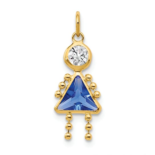 10k Yellow Gold Blue Sapphire Simulant September Birthstone and Clear
Cubic Zirconia Girl Charm