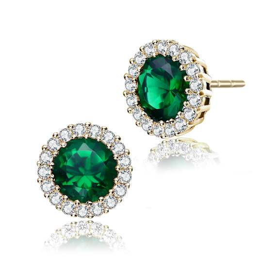 Emerald Color CZ Halo Stud Earrings In 14K Gold Over Sterling Silver