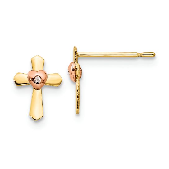 14K Yellow Gold and 14K Rose Gold Children's Cubic Zirconia Cross Heart
Stud Earrings