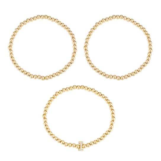 Initial I CZ Beaded Bracelet Set In 14K Gold Over Brass 0.10ctw