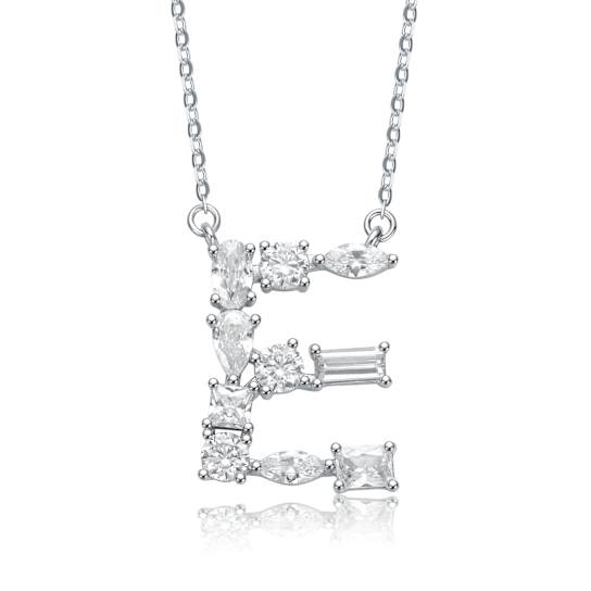Initial E Mixed Cut CZ Pendant Necklace In Sterling Silver 18 Inch
