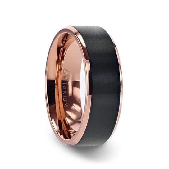 STEPHEN Rose Gold Plated Black Titanium Flat Brushed Wedding Ring With
Beveled Polished Edges 8mm